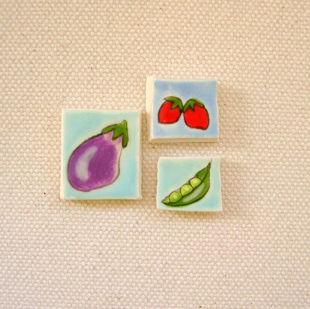 Ceramic Handpainted Tiles Strawberries, Eggplant, Peas in a Pod