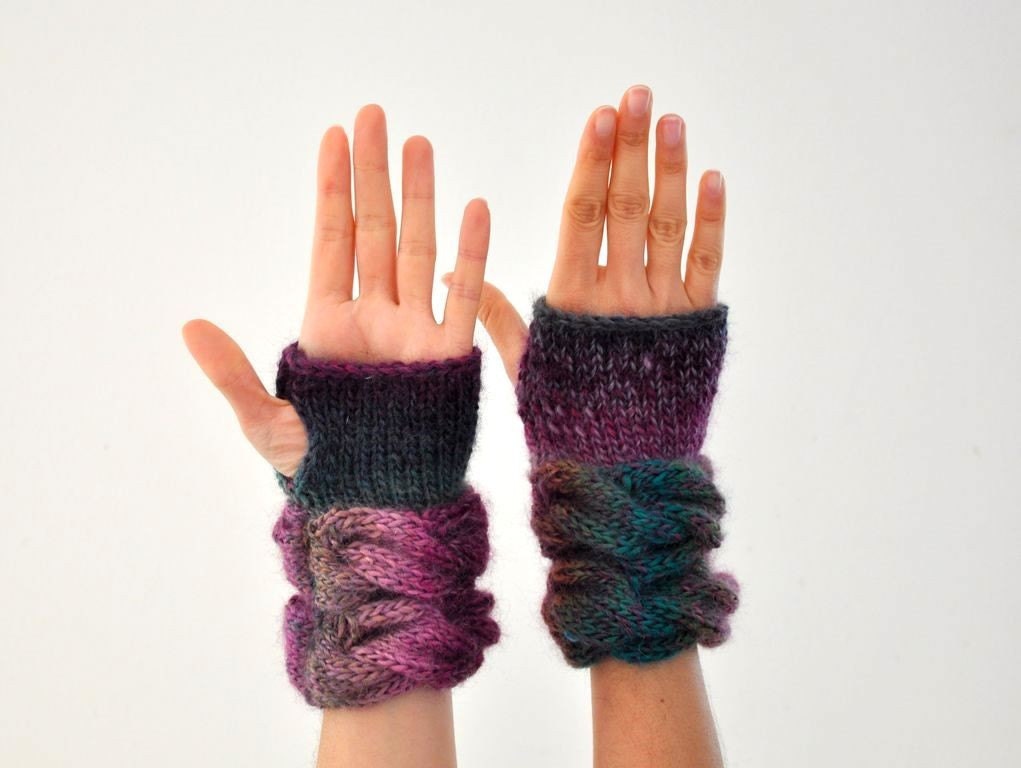 Hand Knit Fingerless Gloves Mittens Wrist Warmers Plum Purple Green Chunky Warm Wool Winter Accessories Winter Fashion