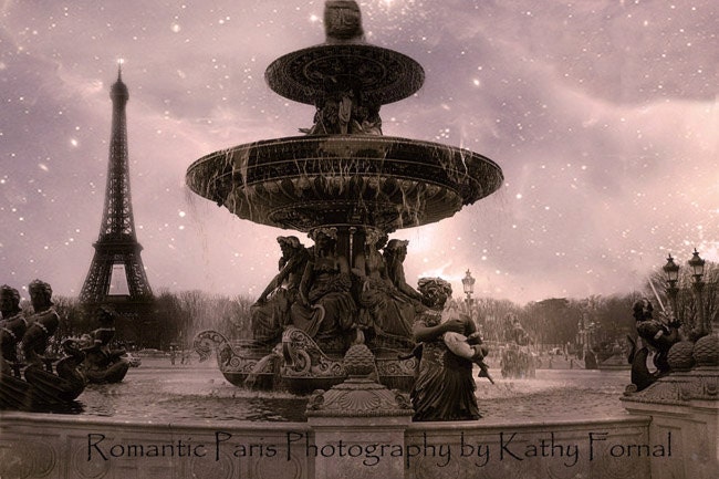 Paris Photography - Dreamy Paris Place de la Concorde, Romantic Pink Fountain Square, Starry Surreal Night, Fine Art Photograph 8" x 12"