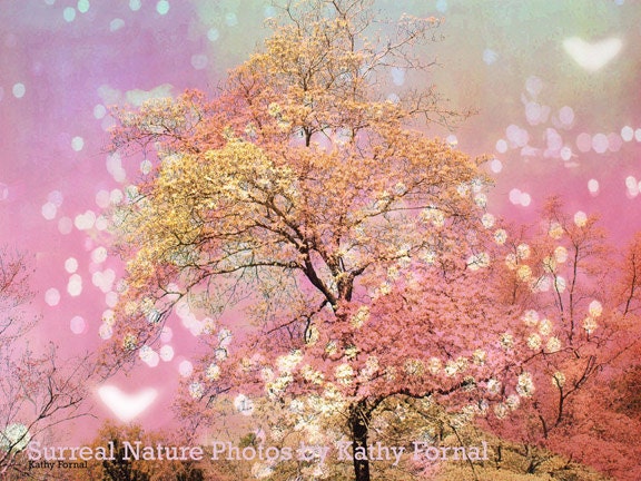 Nature Photography, Spring Cottage Chic Wall Art, Pink Yellow Nature Trees, Fantasy Nature, Dreamy Nature Hearts 9" x 12"