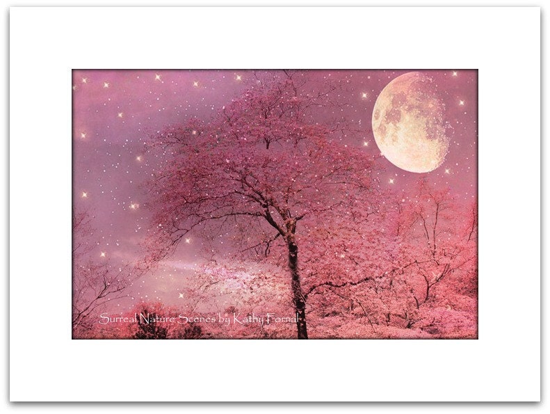 Nature Photography - Dreamy Pink Trees Stars, Moon Stars Night, Fantasy Pink Spring Nature, Fine Art Photo 8" x 12"