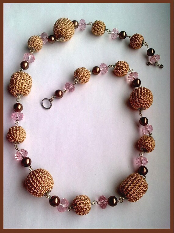 Hunting in desert - hand crocheted necklace made of crocheted, crystal and acrylic beads