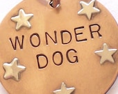 Copper Pet ID Tag For Your WONDER DOG - Sterling Silver Stars - Dog Tag In Three Sizes