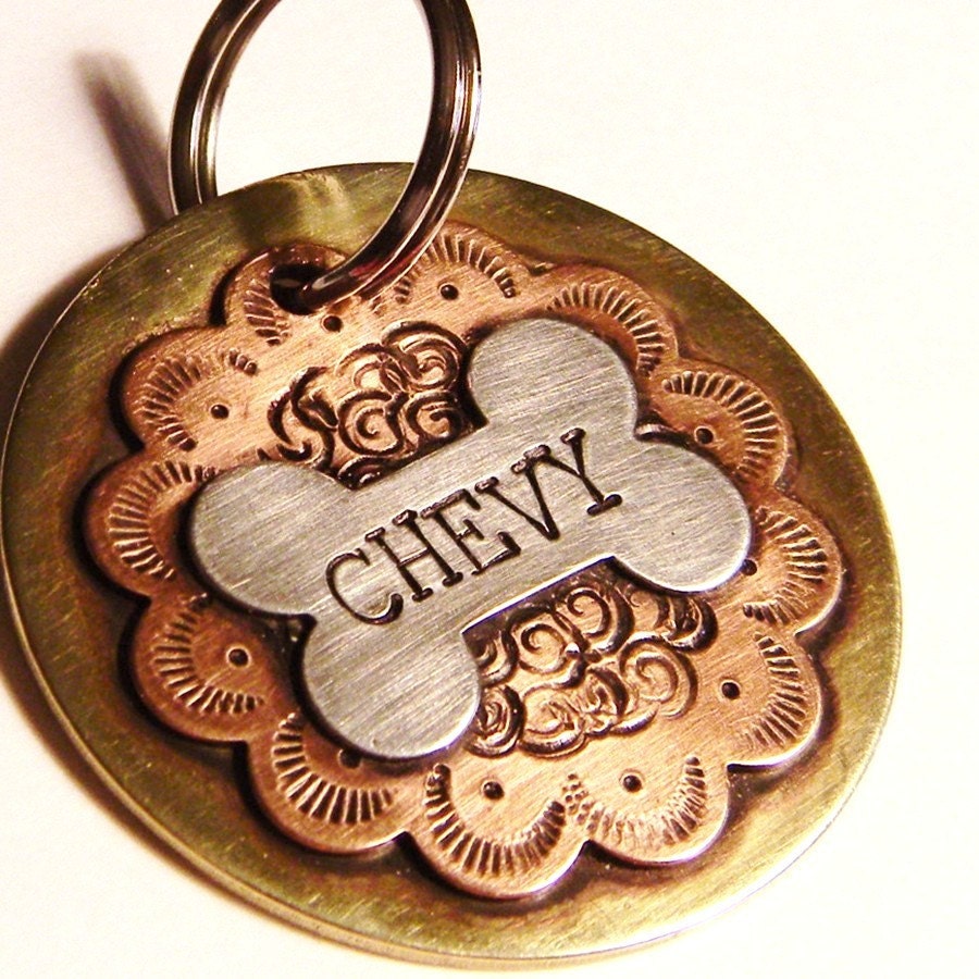 BUCKAROO Handmade Dog Tag, Sterling Silver, Copper & Brass Pet Tag