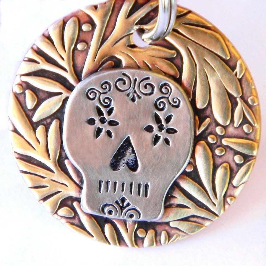 Day of the Dead Handmade Pet Tag in Silver & Bronze - Sugar Skull Design