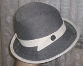 Grey Linen Straw-Like Fedora Wide Brim..with Cream Trim