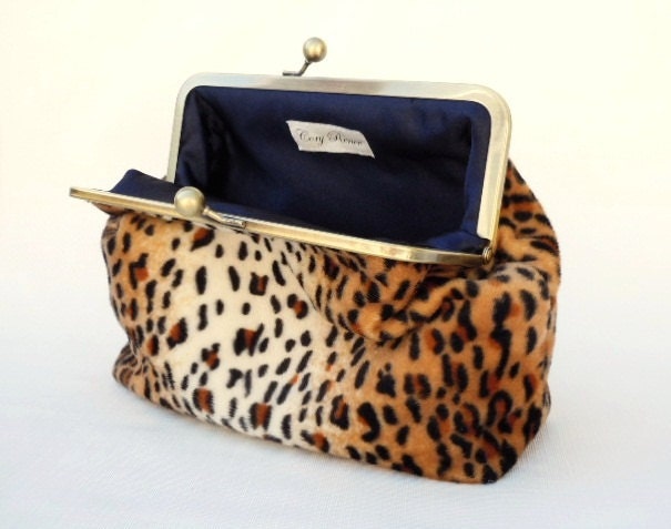 Clutch Purse - Faux Leopard and Navy Retro Modern