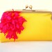 Lemon Yellow with Flower Hot Pink Fuschia Clutch Purse Bag for Bridesmaids Wedding