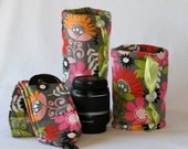 3 Piece DSL Camera Gift Set Wide Strap with lens pocket and 2 lens cases in Grey, Hot Pink, Orange and Lime Funky Floral print