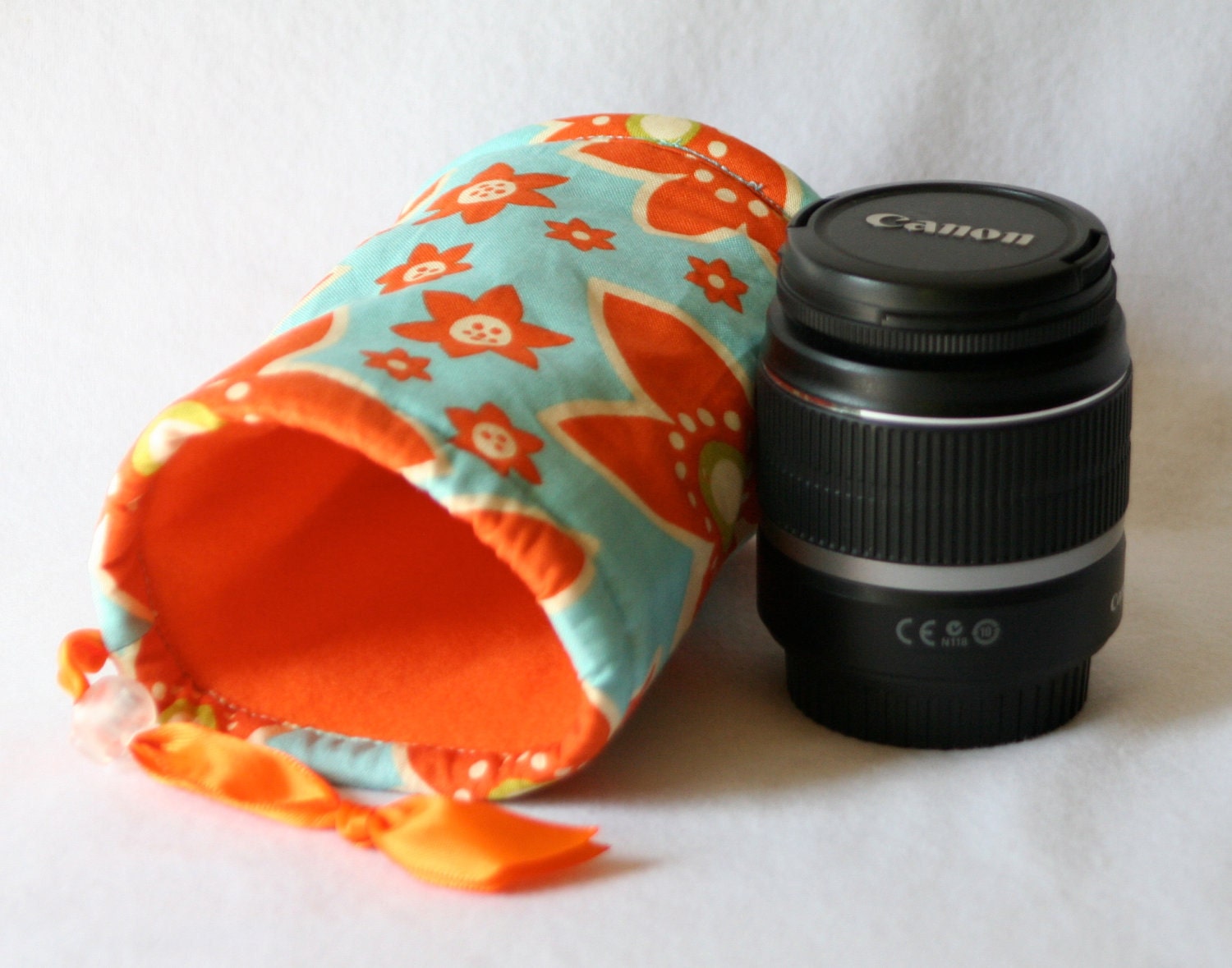 Camera lens case for DSL camera turquoise and orange funky floral print Ready to ship Monograming not available