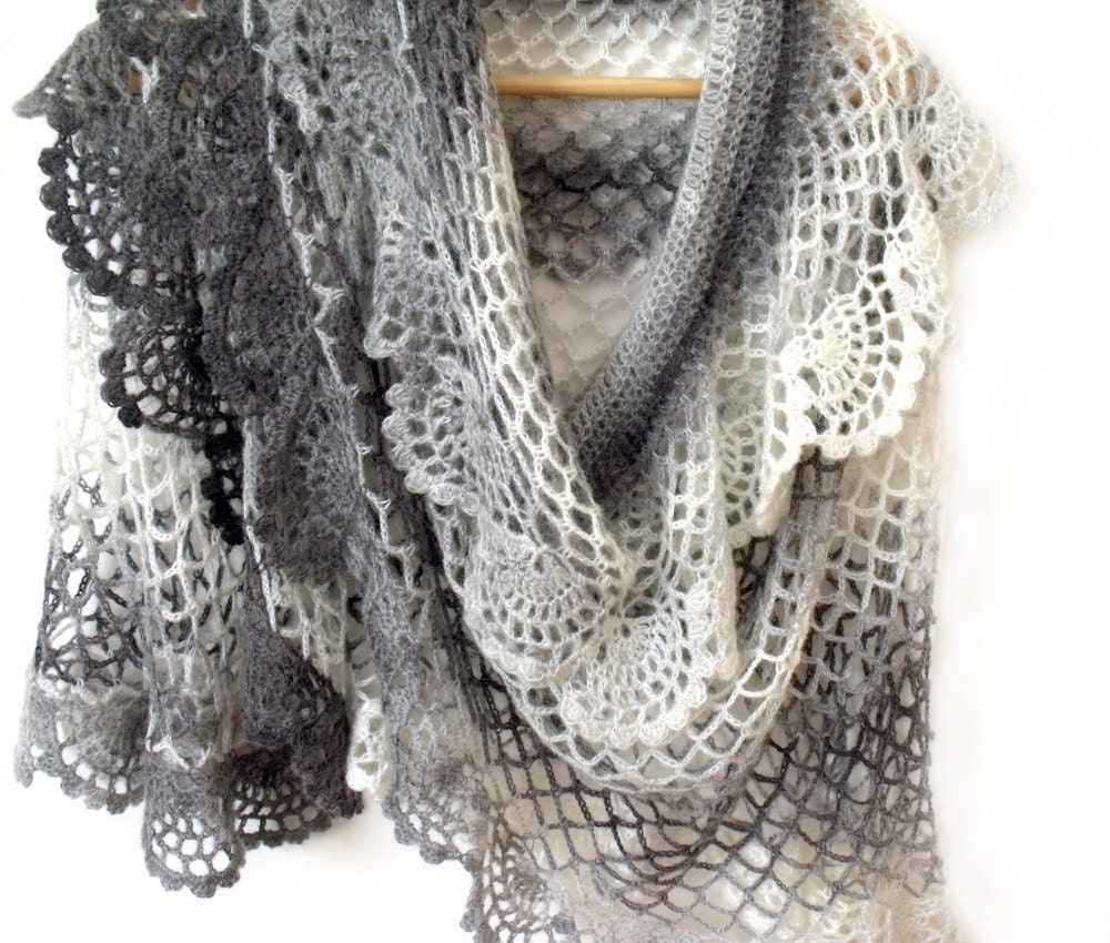 Shawl lace crochet stole scarf grey gray white black