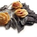 Freeform crochet lariat scarf necklace 3D flowers and leaves yellow peach gray grey
