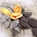 Freeform crochet lariat scarf necklace 3D flowers and leaves yellow peach gray grey
