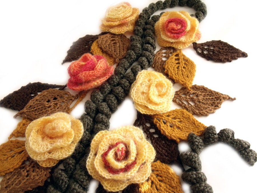 Scarf lariat with flowers 3D freeform crochet knit autumn yellow brown olive orange pink mustard Victorian style