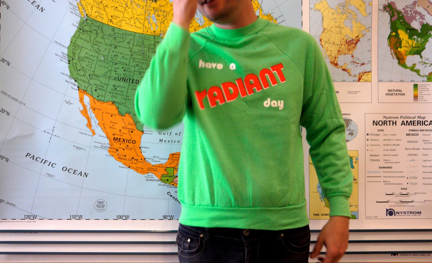 Neon 80s Sweatshirt Have a Radiant Day Lime Green Medium Men's Vintage Pullover
