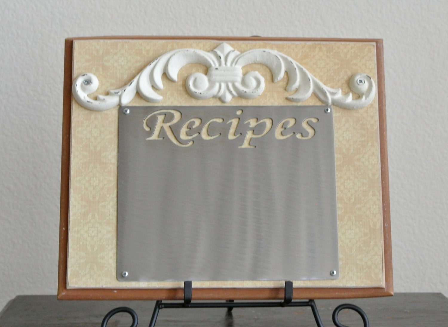 Recipe Magnet Board with White Washed Cast Iron Scroll on Light Brown Acid Free Paper on Brown Base