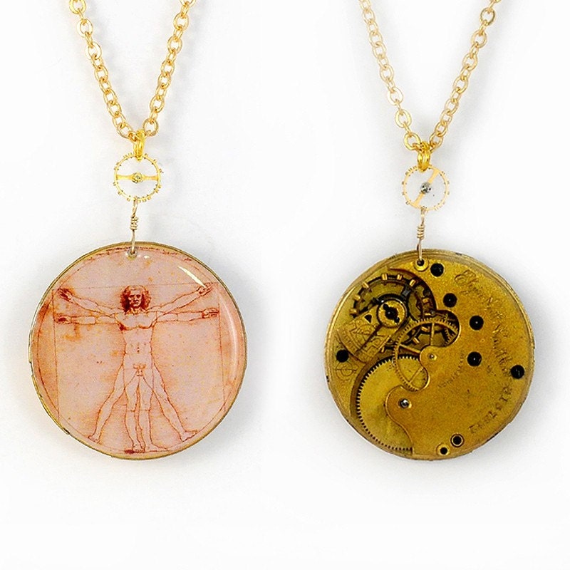 Antique 1888 Elgin Pocket Watch with Da Vinci's Drawing of Renaissance Man Steampunk Necklace