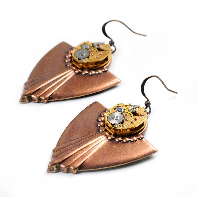 Steampunk Vintage Gold Watch n Copper  Art Deco Earrings