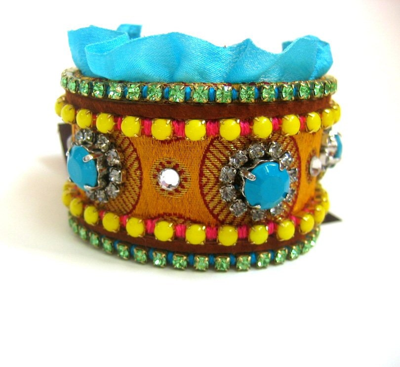 OOAK Bohemian Hippie friendship Bracelet - Neon Bracelet ,Turquoise and yellow with Swarovski crystals