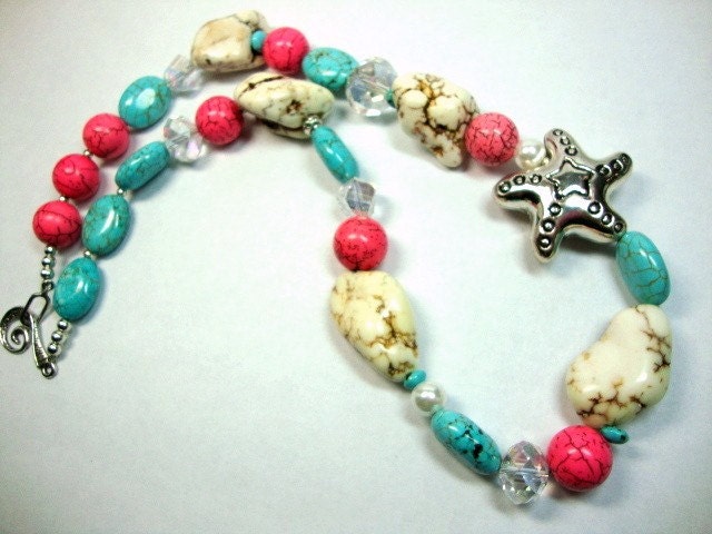 Pink Turquoise White Starfish By the Sea Necklace