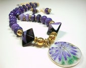 Women, Pendant, Purple Faceted Agate with Gold Pottery Shard Necklace FREE earrings