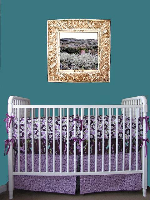 Aviary birds and blooms in lilac - baby bedding includes fitted sheet, bumper set, and crib skirt