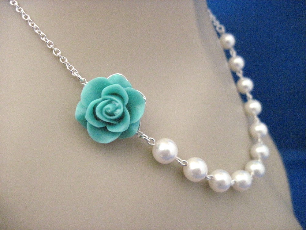 Bridesmaid Jewelry Aqua Beauty Rose and Pearl Necklace