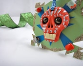 Skull Tribal Fiesta Mexican Carnival Handmade mixed media ornament