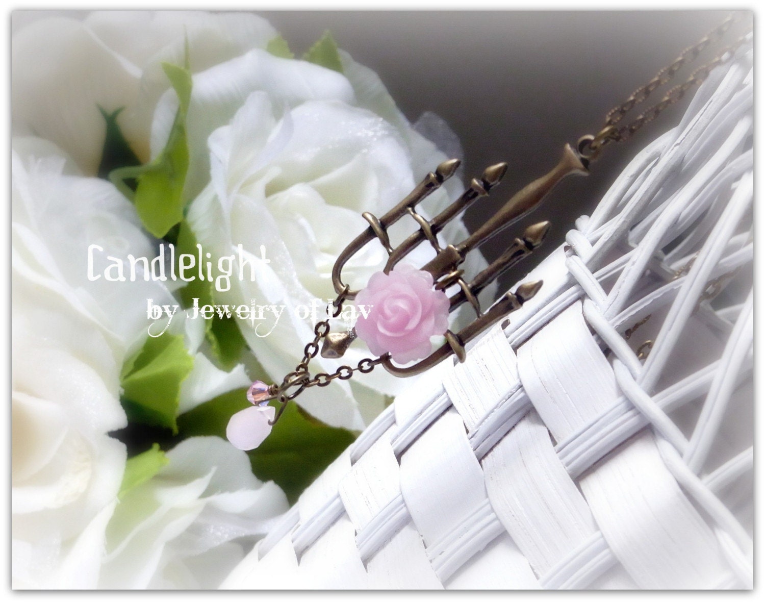 Candlelight Necklace made with chandelier charm, rose, swarovski crystal, pink teardrop etc.
