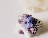 Purple Bouquet Ring made with vintage flowers, swarovski crystals, pearly ribbon, rhodium ring base etc.