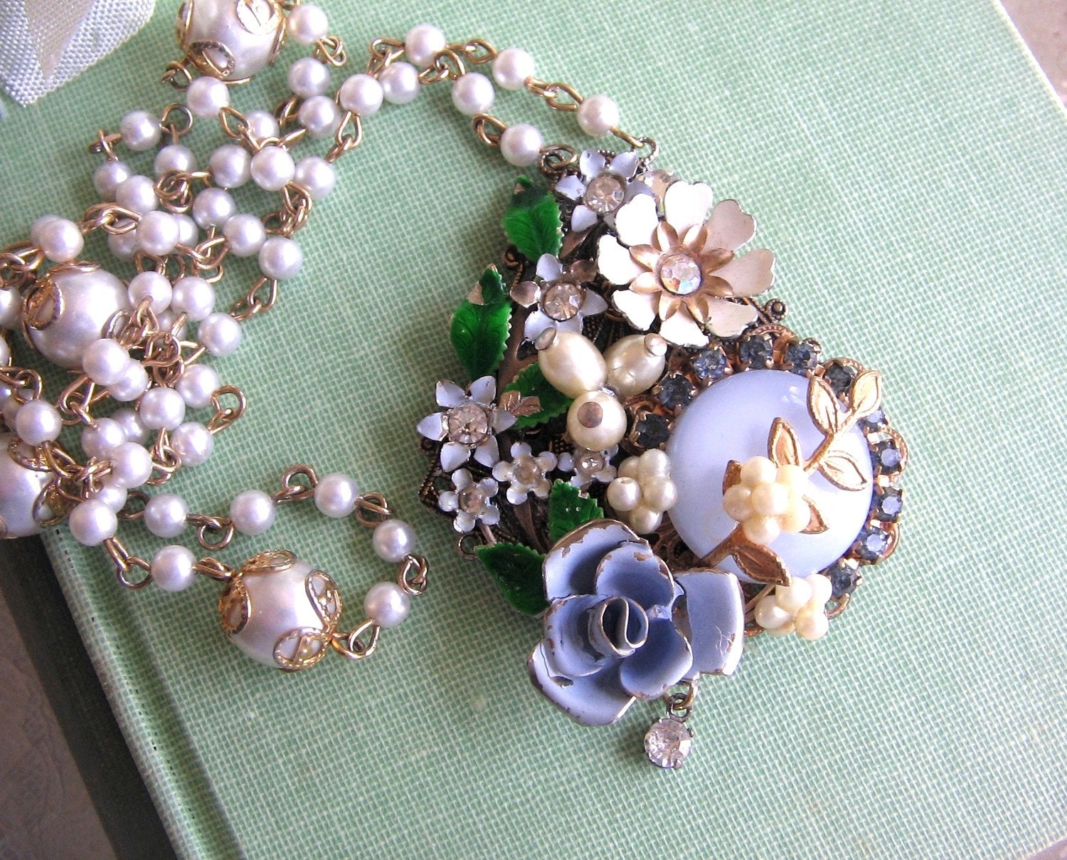 Happy Spring 15% off Sale Mother's Day Gift - Something Blue Repurposed Vintage Jewelry Shabby Chic Wedding Collage Necklace