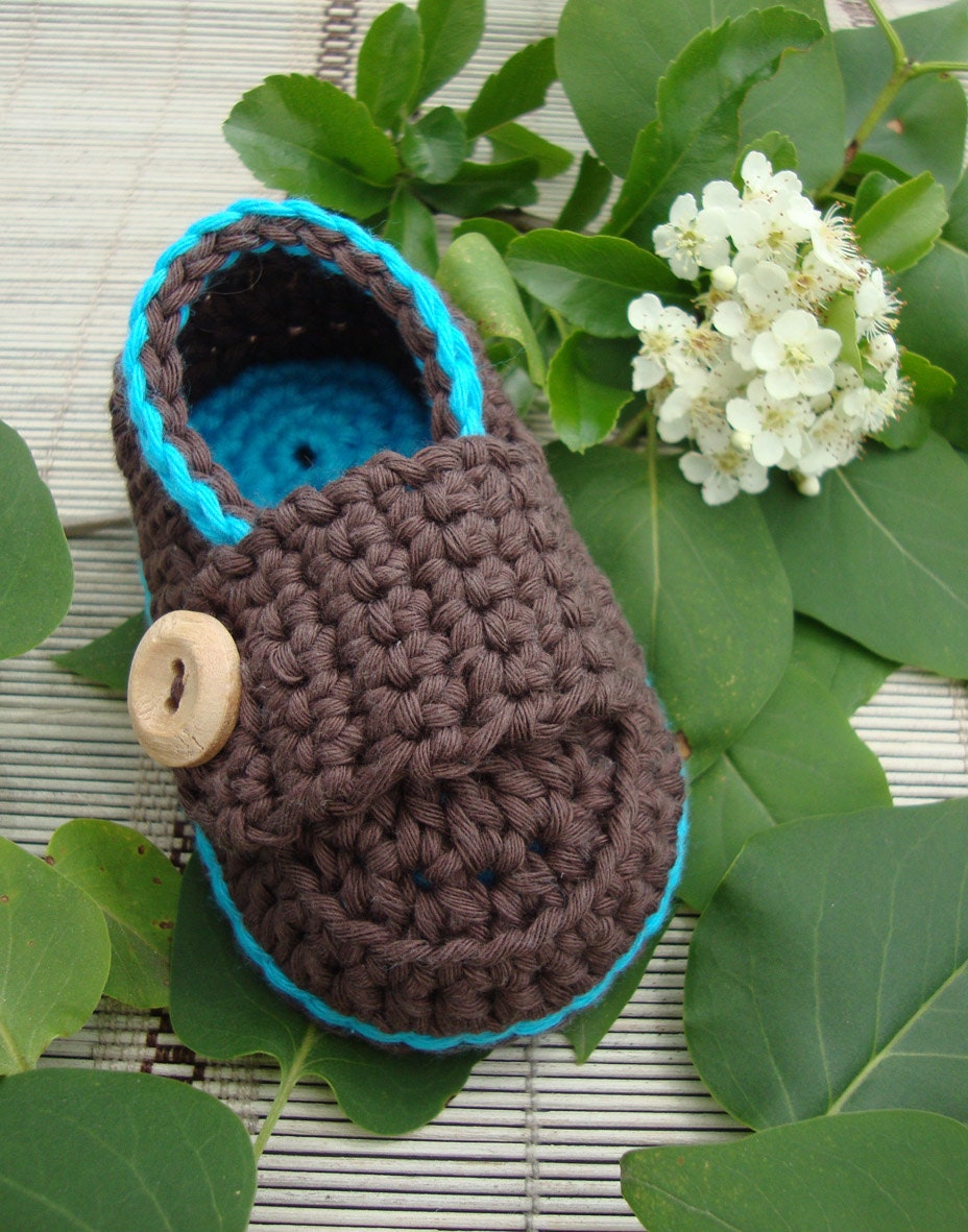 Crochet Baby booties little loafers dark turquoise and chocolate size 3/6M- ready to ship with gift box