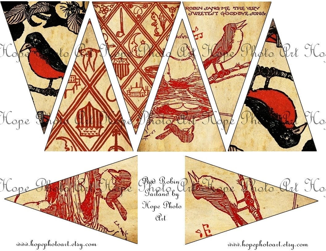 Red Robin Garland Banner 3x4.5 Party Digital Collage -home decor flags gift tags decoration bunting - U Print 300dpi jpg
