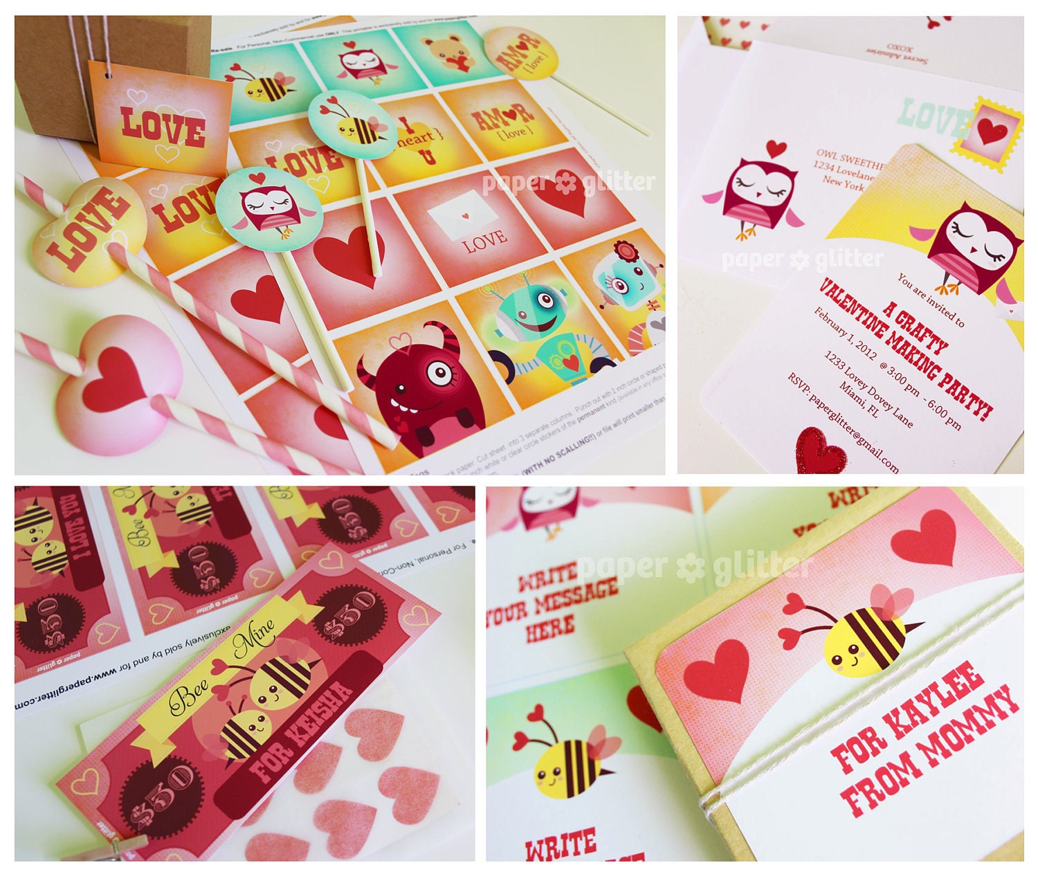 Valentine Cards Party & School Printables of Bag Toppers, Chocolate Labels, Gift Wrapping, DIY Paper Craft, with Editable Text 0106