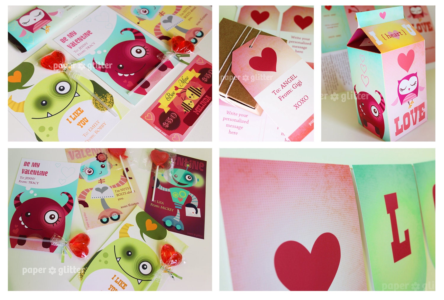 Valentine Cards Party & School Printables of Bag Toppers, Chocolate Labels, Gift Wrapping, DIY Paper Craft, with Editable Text 0106