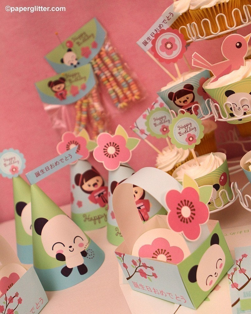 Panda Cherry Blossom Japanese Kawaii Love Birthday Party Kit-Printable PDF Complete Set 0006