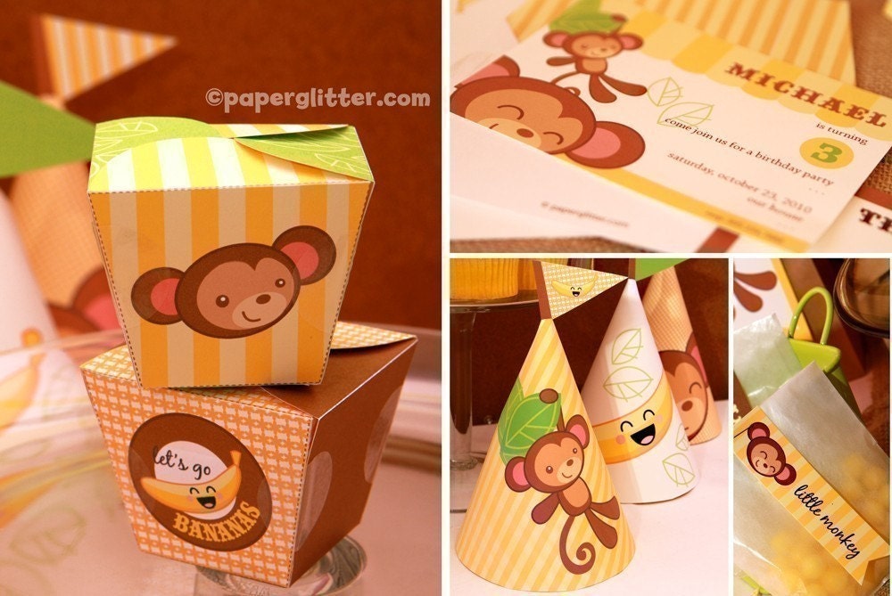 Monkey Jungle and Bananas Party Kit in yellow - CHANGEABLE TEXT PRINTABLE pdf Complete Set 0109