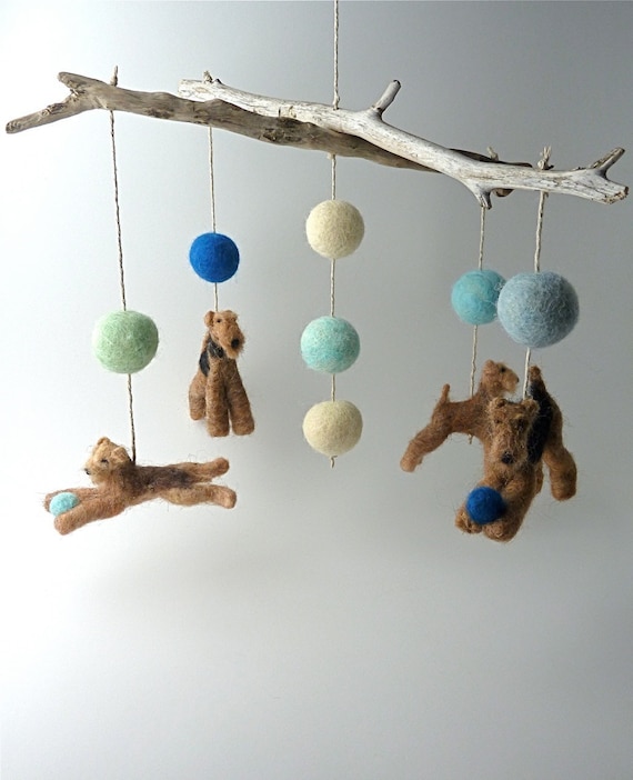 Baby Mobile, Felted Wool Dogs, Custom Dog Breeds, Terriers with Natural Driftwood, 4 Figures