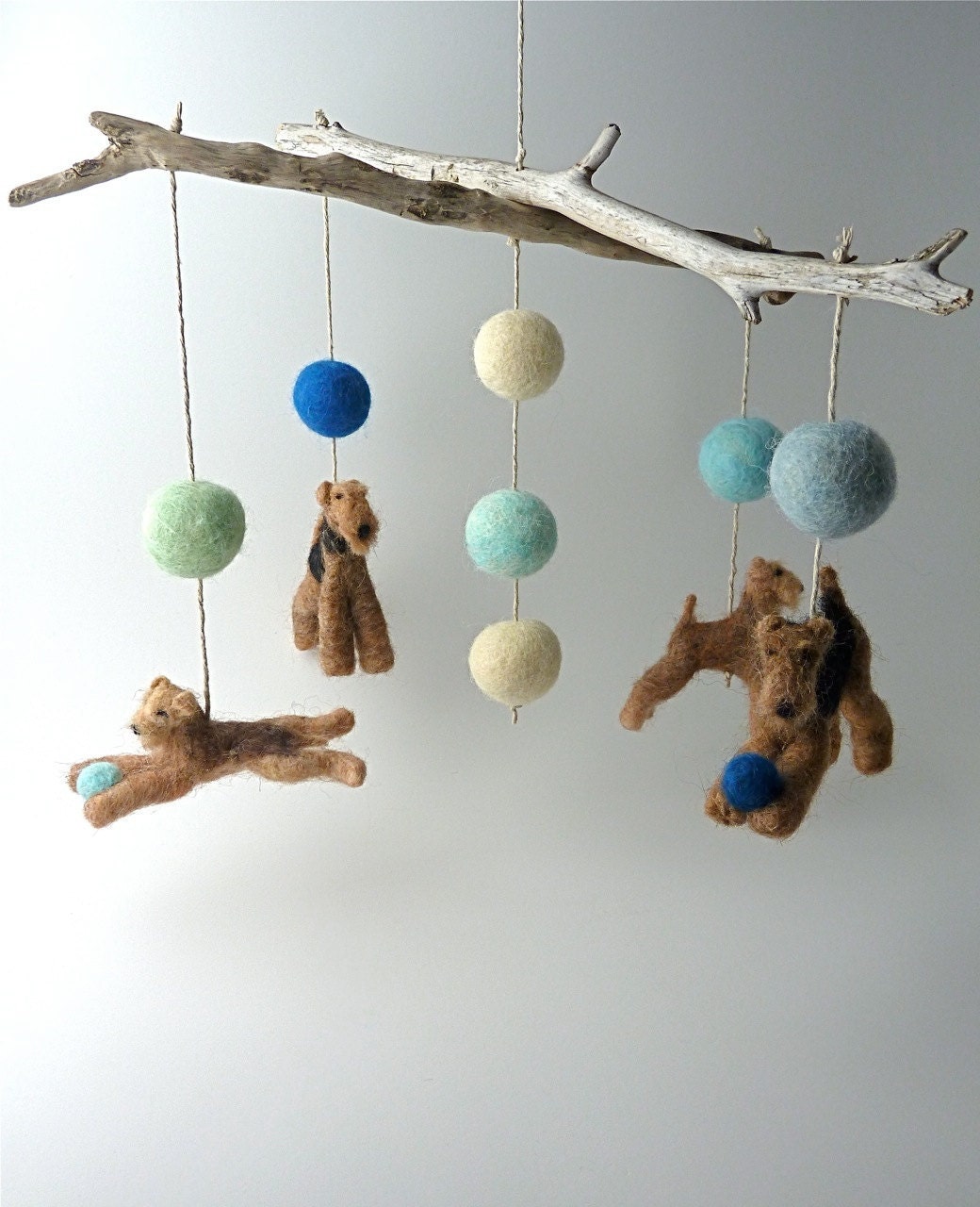 Baby Mobile, Felted Wool Dogs, Custom Dog Breeds, Terriers with Natural Driftwood, 4 Figures