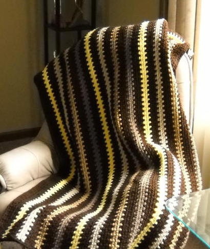 Crochet Blanket Brown Yellow, Tan Strip Double Strand Throw Afghan Bedding Home Decor Sale