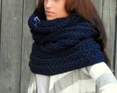 Hooded Cowl Wool Snood Cowl Scarf Chunky Cowl  - Noni Tunnel Cowl Navy Blue or Choose Your Color