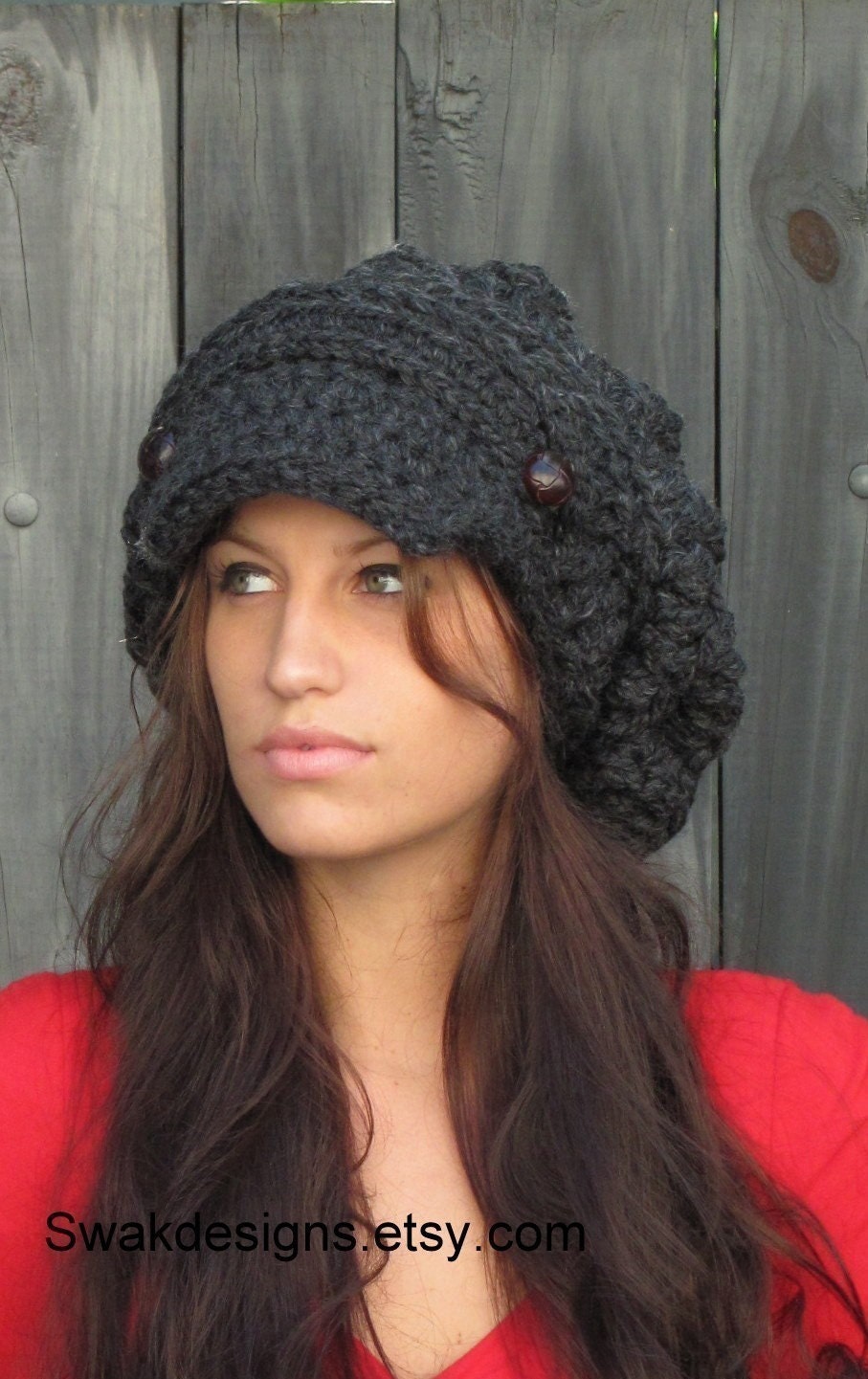 Slouchy Hat Newsboy Cap Wool Cap Chunky Hat  - Two Button Band Slouchy Cap Charcoal Gray or CHOOSE Your color