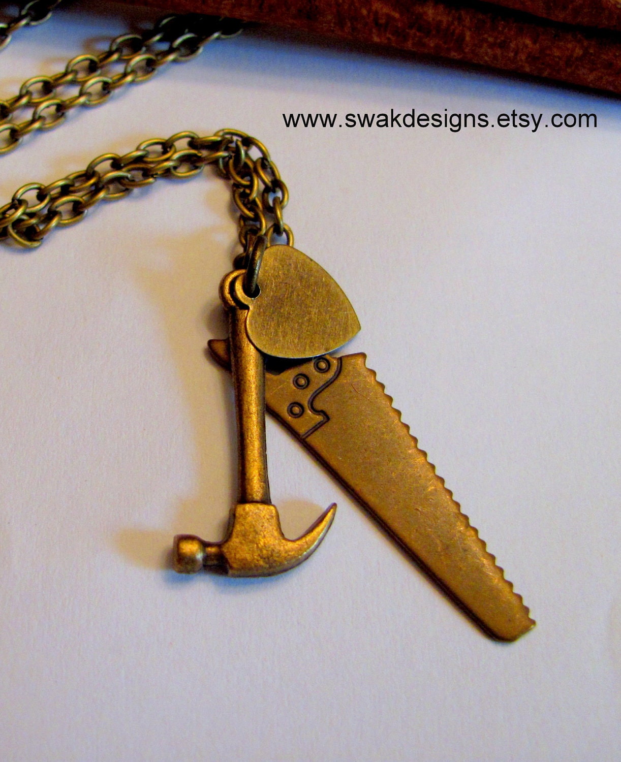 I Heart Carpenters Necklace - Heart, Saw, Hammer - Handmade