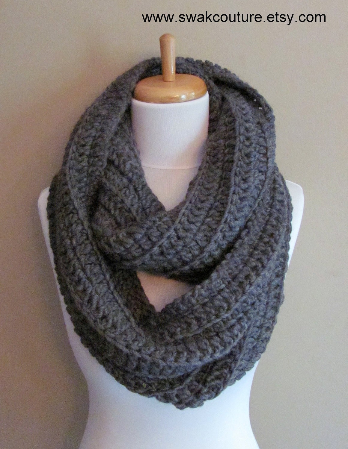 100% Wool Eternity Scarf - Charcoal Gray or Choose Your Color