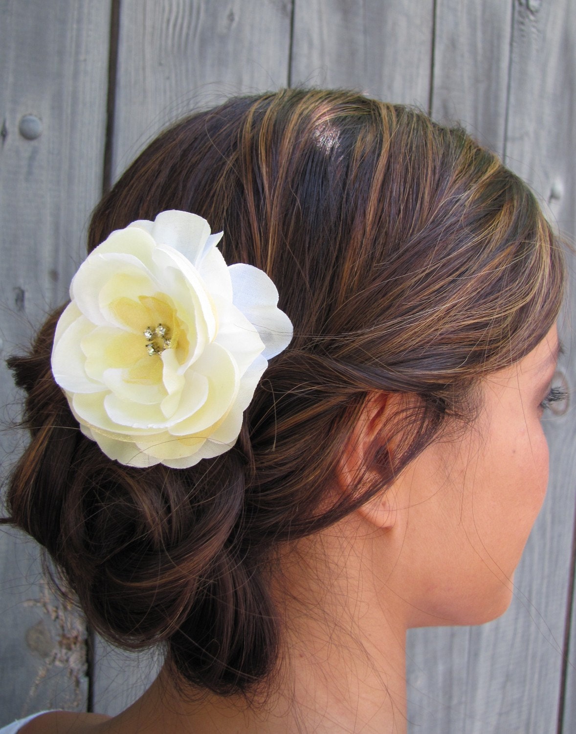 Pale Yellow Silk Rose Bridal Comb - Rhinestones - IVORY & WHITE Also Availble