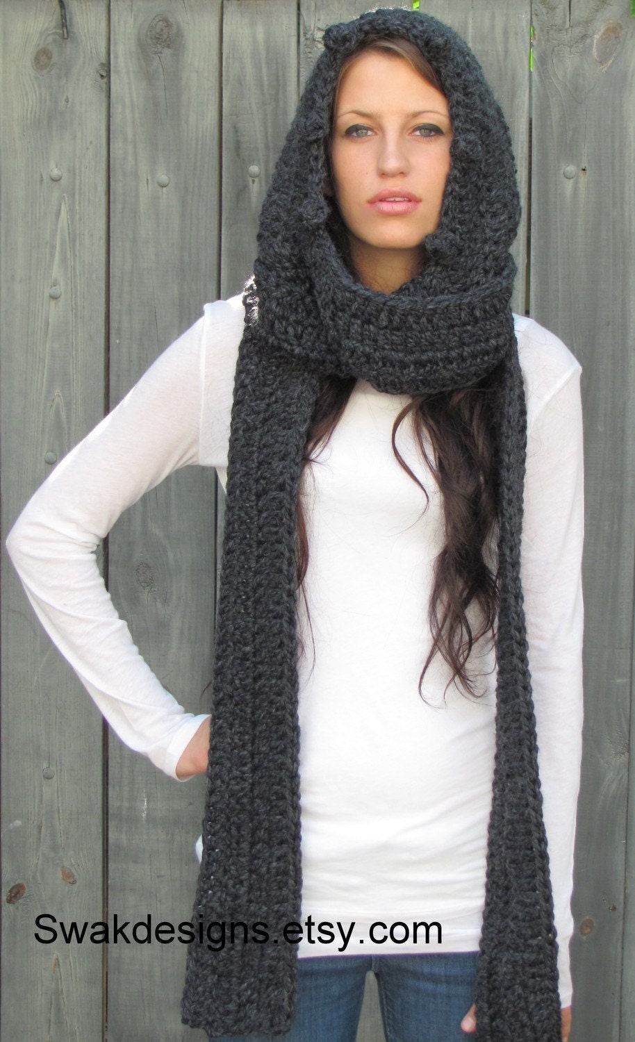 Hooded Scarf  Scoodie Messenger Scarf Long Wool Scarf - Charcoal Gray or Choose Your Color