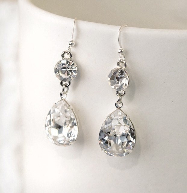 Bridal Crystal Earrings, Rhinestone Earrings, Dangle Earrings, Swarovski Pear Crystal Rhinestone Bridal Drop Earrings - Belle