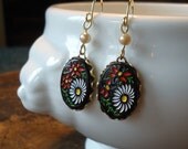 Botanical Cameo Earrings, 1940s Pearls & Black Vintage Glass with Flowers - Bohemian Jewelry by AlpineGypsy on Etsy