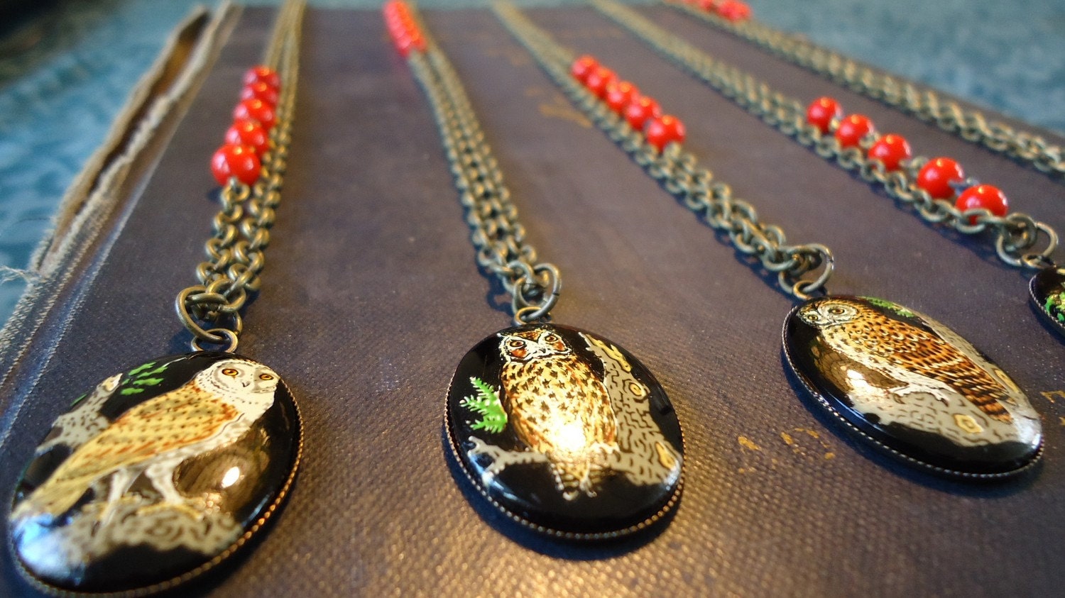 Owl Necklace: Vintage Red Glass Beads, Long Chain, Black Cameo, Bohemian Woodland Jewelry by AlpineGypsy on Etsy