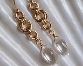 Winter jewelry - Handmade gold filled long chainmaille dangle earrings -  marquise quartz crystal - holiday accessories - gemstone jewelry